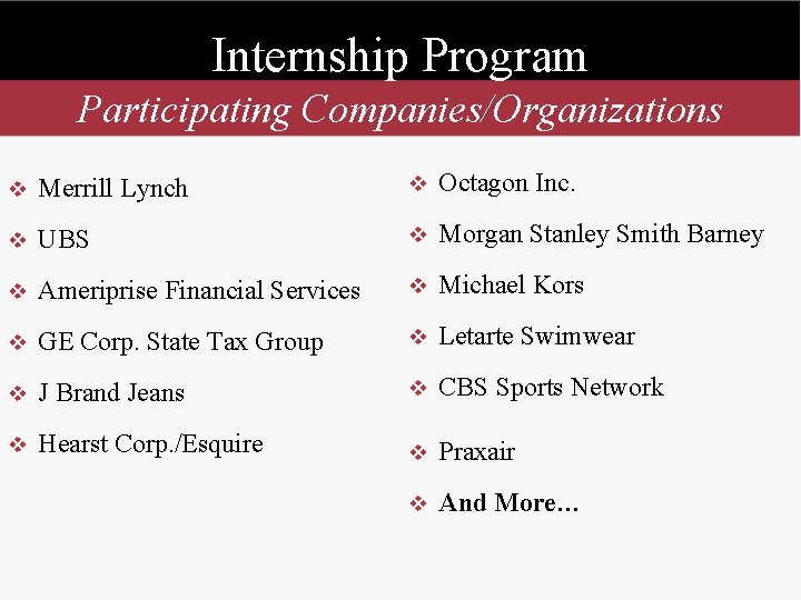Internship Program Participating Companies/Organizations v Merrill Lynch v Octagon Inc. v UBS v Morgan