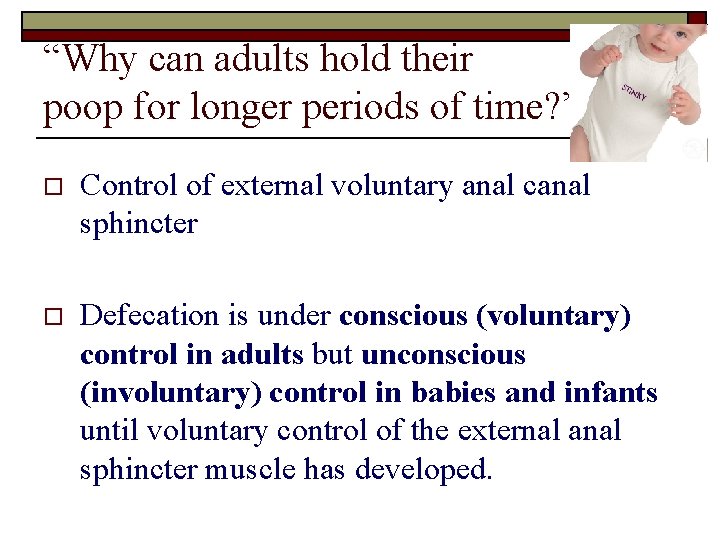 “Why can adults hold their poop for longer periods of time? ” o Control