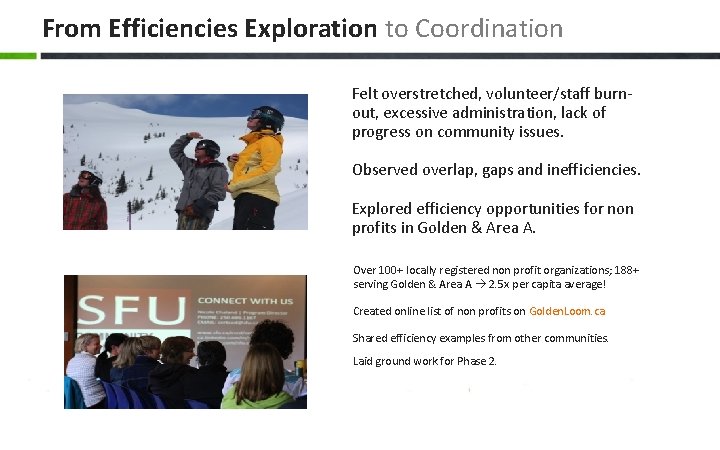 From Efficiencies Exploration to Coordination Felt overstretched, volunteer/staff burnout, excessive administration, lack of progress