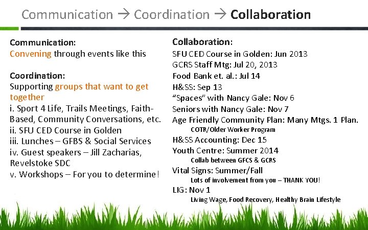 Communication Coordination Collaboration Communication: Convening through events like this Coordination: Supporting groups that want
