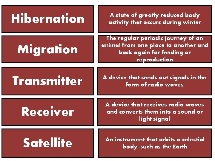 Hibernation A state of greatly reduced body activity that occurs during winter Migration The