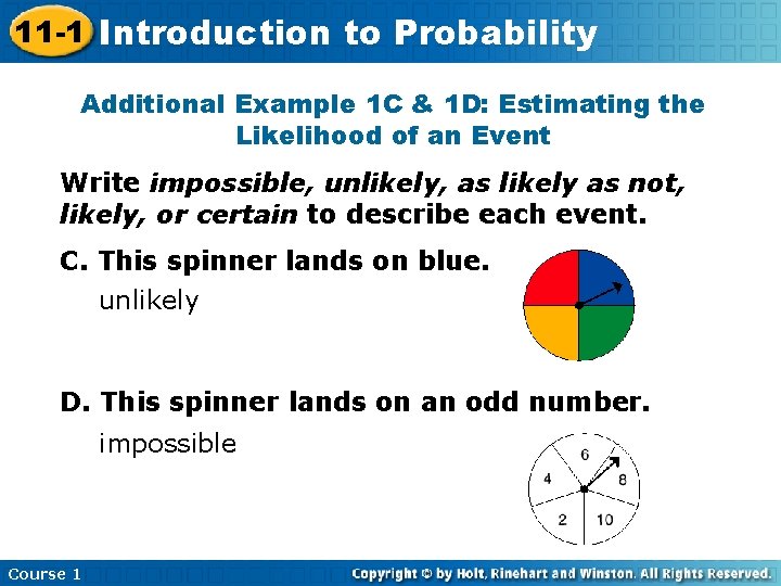 11 -1 Introduction Insert Lesson Here to. Title Probability Additional Example 1 C &