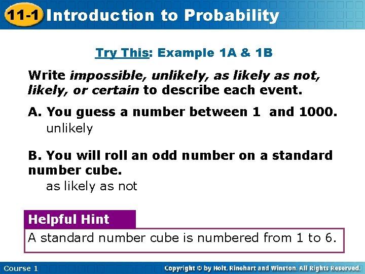 11 -1 Introduction Insert Lesson Here to. Title Probability Try This: Example 1 A