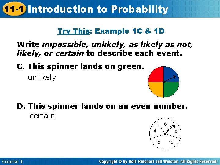 11 -1 Introduction Insert Lesson Here to. Title Probability Try This: Example 1 C