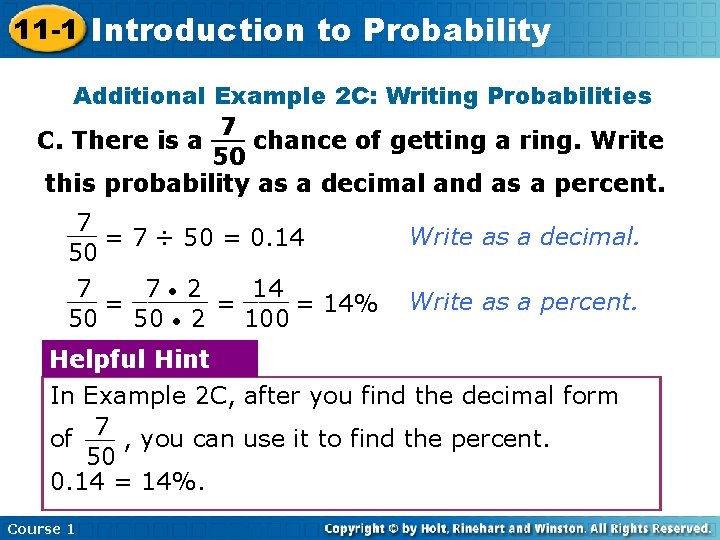11 -1 Introduction Insert Lesson Here to. Title Probability Additional Example 2 C: Writing