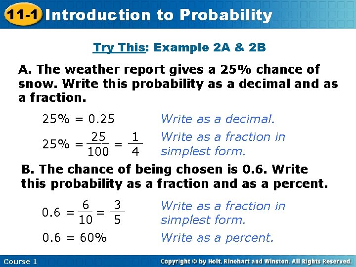 11 -1 Introduction Insert Lesson Here to. Title Probability Try This: Example 2 A