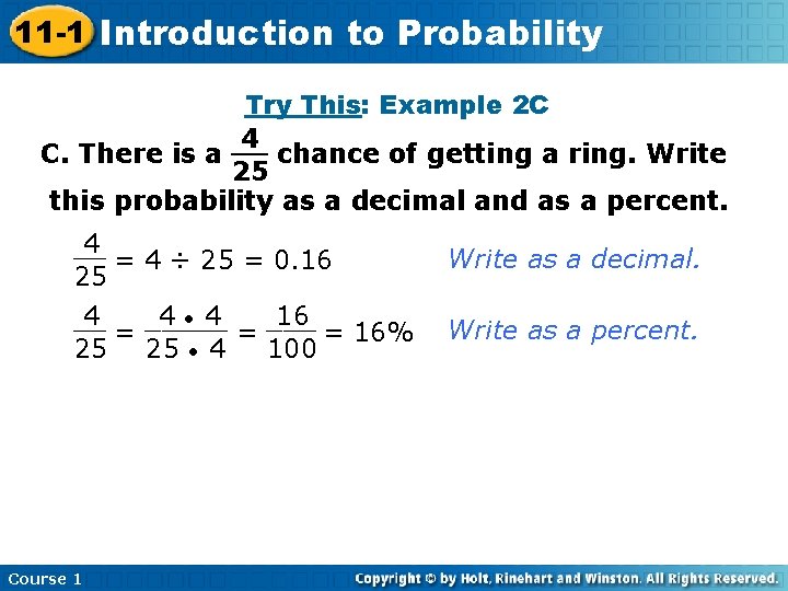 11 -1 Introduction Insert Lesson Here to. Title Probability Try This: Example 2 C
