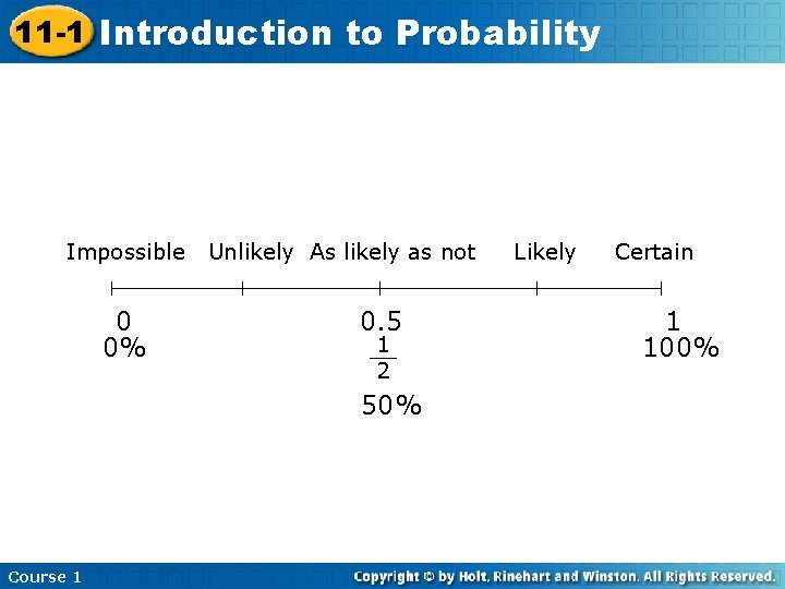 11 -1 Introduction to Probability Impossible 0 0% Unlikely As likely as not 0.