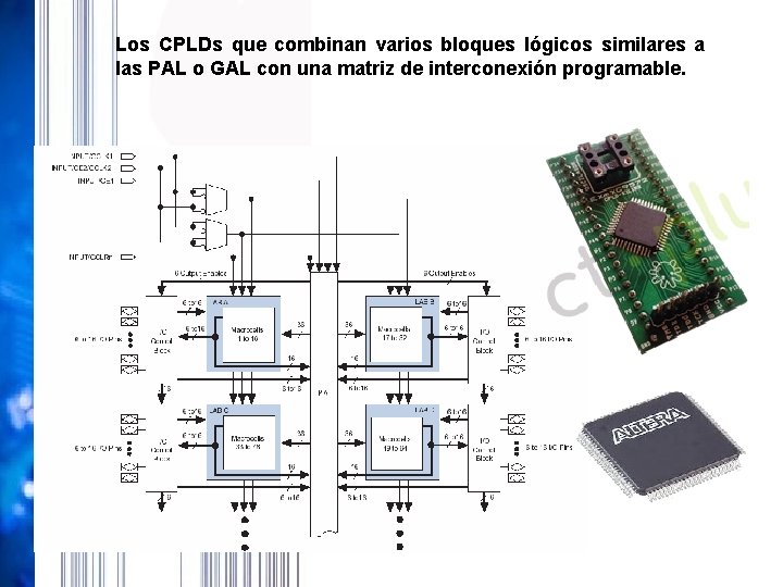 Los CPLDs que combinan varios bloques lógicos similares a las PAL o GAL con