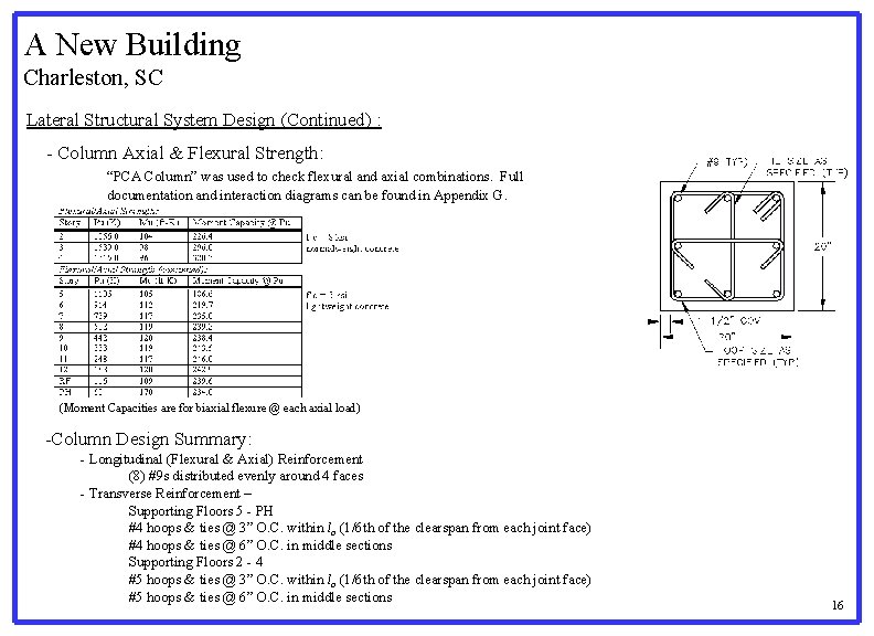 A New Building Charleston, SC Lateral Structural System Design (Continued) : - Column Axial