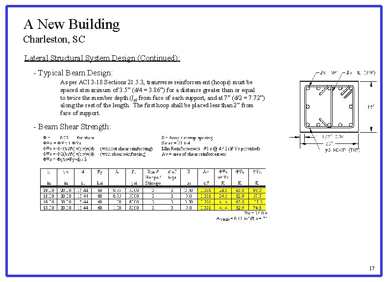 A New Building Charleston, SC Lateral Structural System Design (Continued): - Typical Beam Design:
