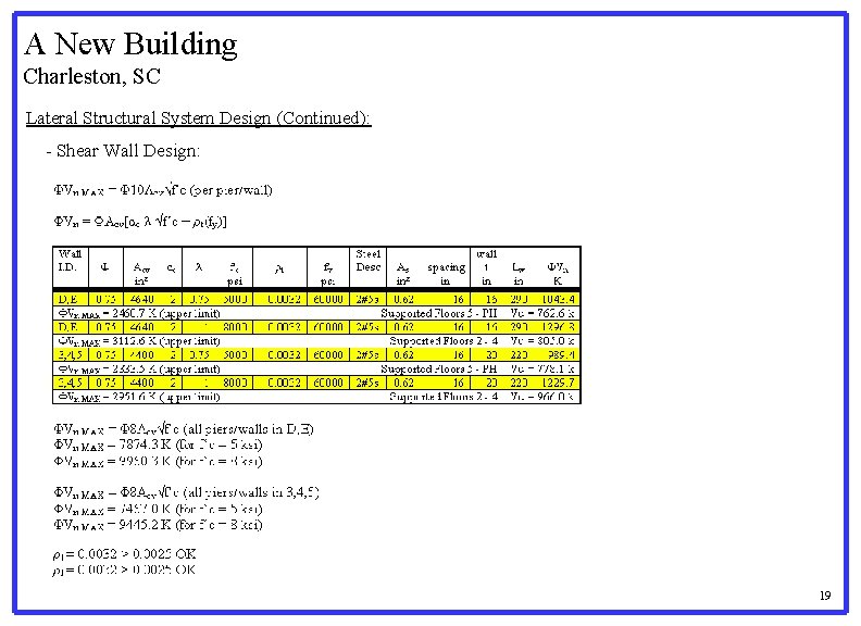 A New Building Charleston, SC Lateral Structural System Design (Continued): - Shear Wall Design: