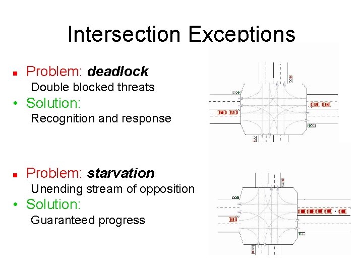 Intersection Exceptions n Problem: deadlock Double blocked threats • Solution: Recognition and response n