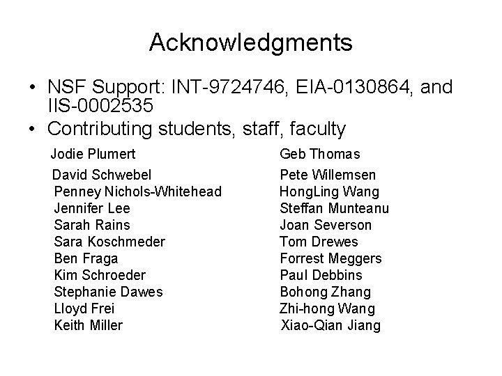 Acknowledgments • NSF Support: INT-9724746, EIA-0130864, and IIS-0002535 • Contributing students, staff, faculty Jodie