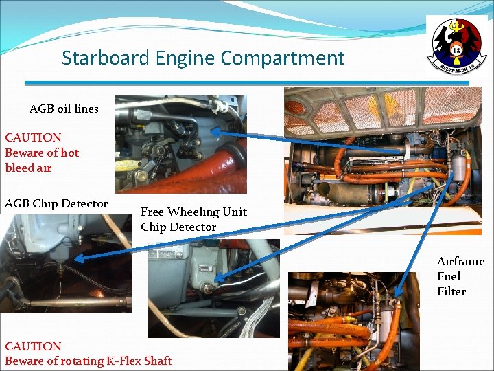 Starboard Engine Compartment AGB oil lines CAUTION Beware of hot bleed air AGB Chip