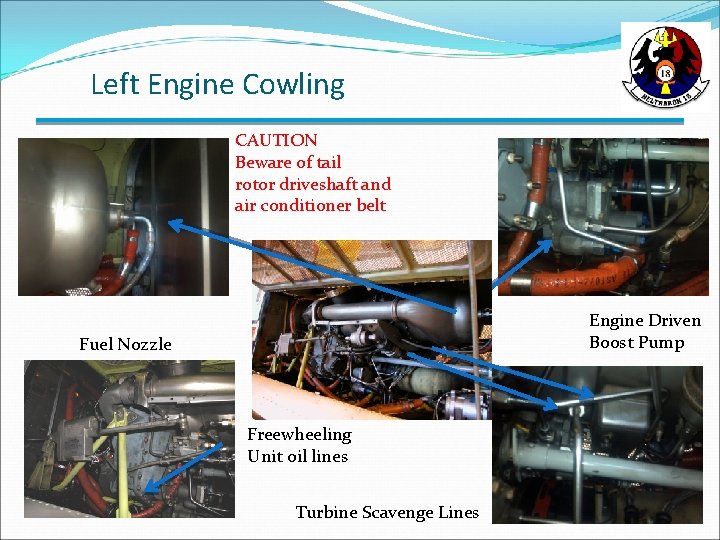 Left Engine Cowling CAUTION Beware of tail rotor driveshaft and air conditioner belt Engine