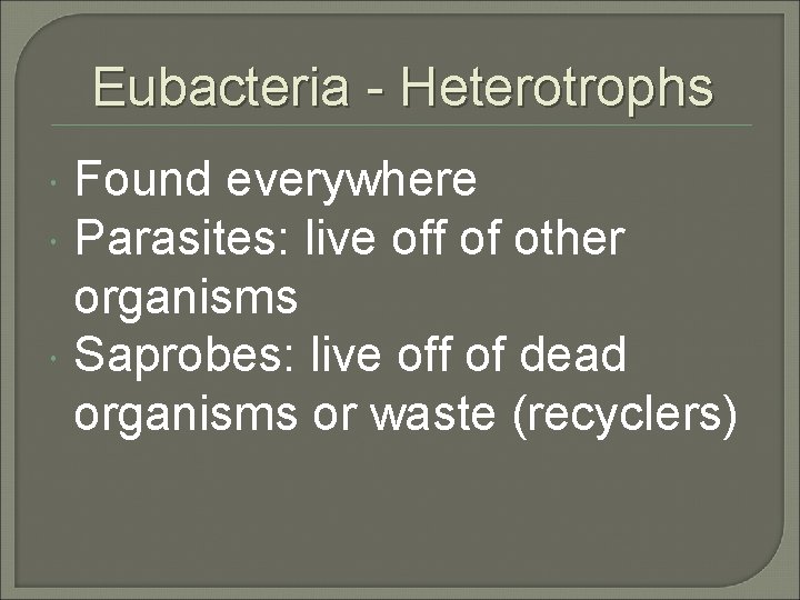 Eubacteria - Heterotrophs Found everywhere Parasites: live off of other organisms Saprobes: live off