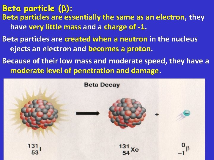 Beta particle (β): Beta particles are essentially the same as an electron, they have