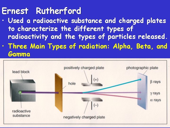 Ernest Rutherford • Used a radioactive substance and charged plates to characterize the different