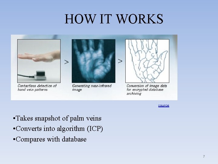 HOW IT WORKS source • Takes snapshot of palm veins • Converts into algorithm