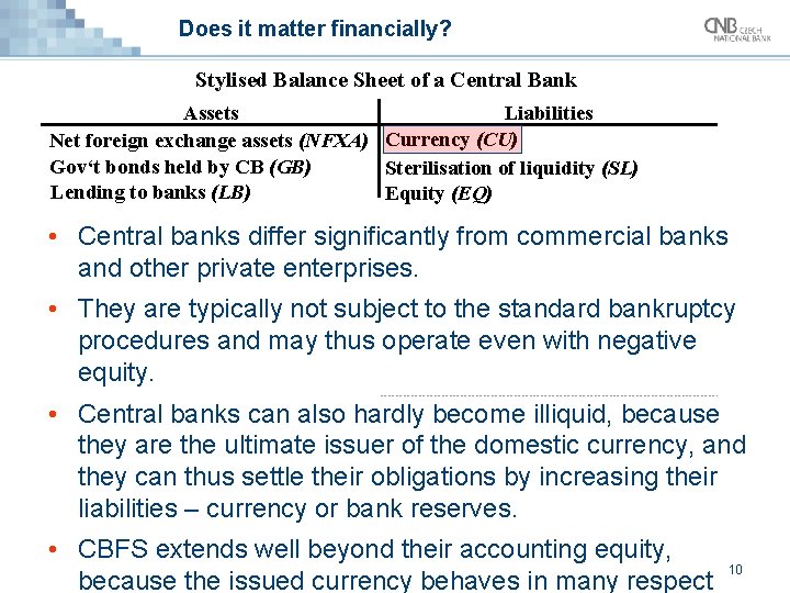 Does it matter financially? Stylised Balance Sheet of a Central Bank Assets Liabilities Net