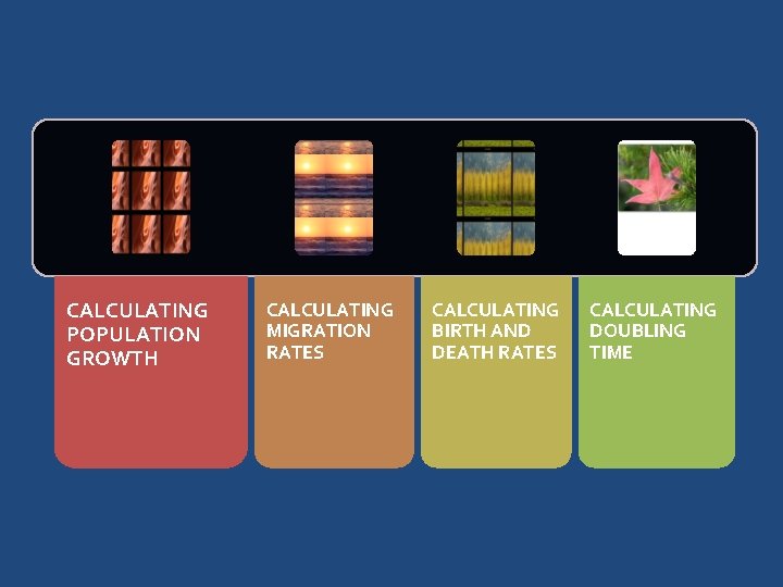 CALCULATING POPULATION GROWTH CALCULATING MIGRATION RATES CALCULATING BIRTH AND DEATH RATES CALCULATING DOUBLING TIME