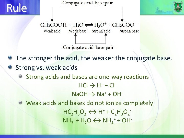 Rule The stronger the acid, the weaker the conjugate base. Strong vs. weak acids