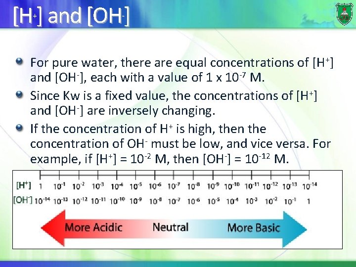 [H ] and [OH ] + - For pure water, there are equal concentrations