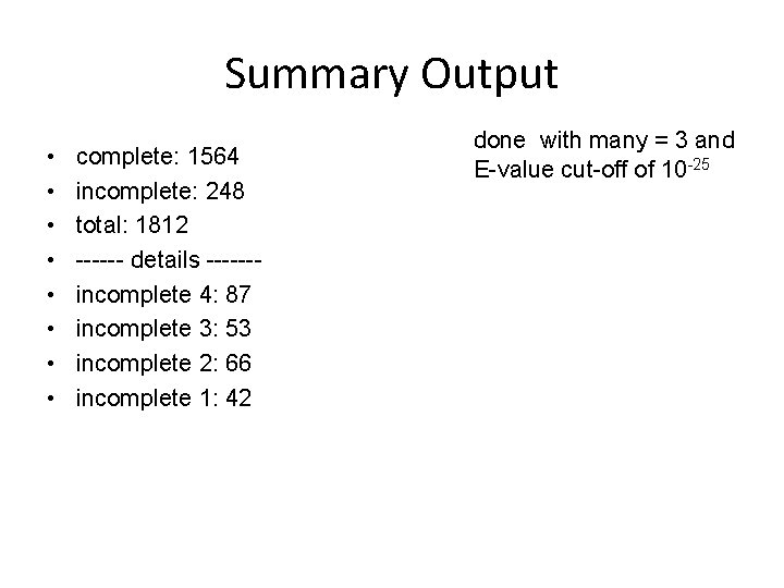 Summary Output • • complete: 1564 incomplete: 248 total: 1812 ------ details ------incomplete 4: