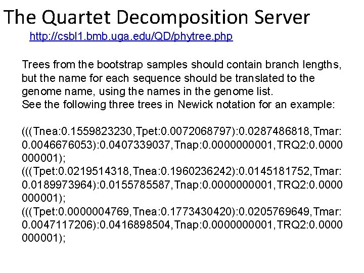 The Quartet Decomposition Server http: //csbl 1. bmb. uga. edu/QD/phytree. php Trees from the