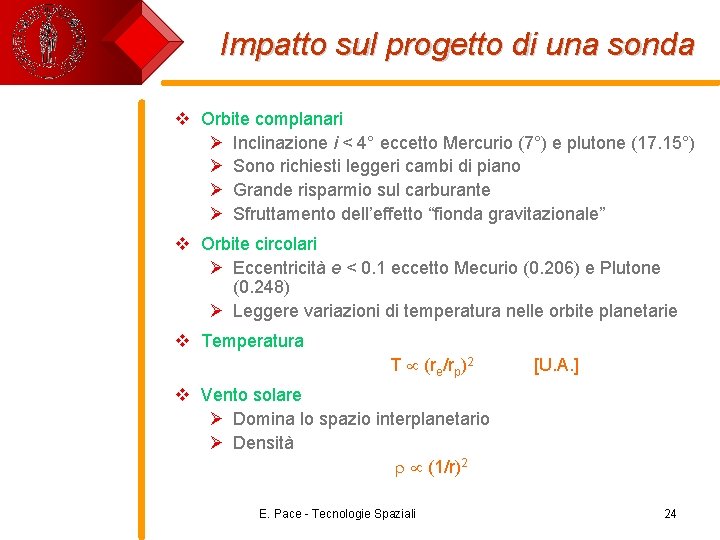 Impatto sul progetto di una sonda v Orbite complanari Ø Inclinazione i < 4°