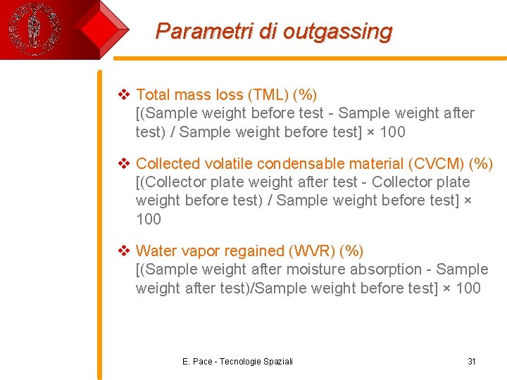 Parametri di outgassing v Total mass loss (TML) (%) [(Sample weight before test -