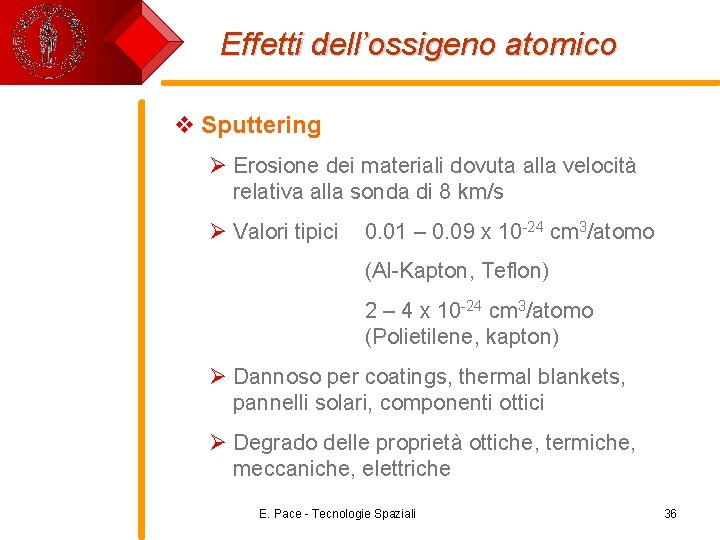 Effetti dell’ossigeno atomico v Sputtering Ø Erosione dei materiali dovuta alla velocità relativa alla