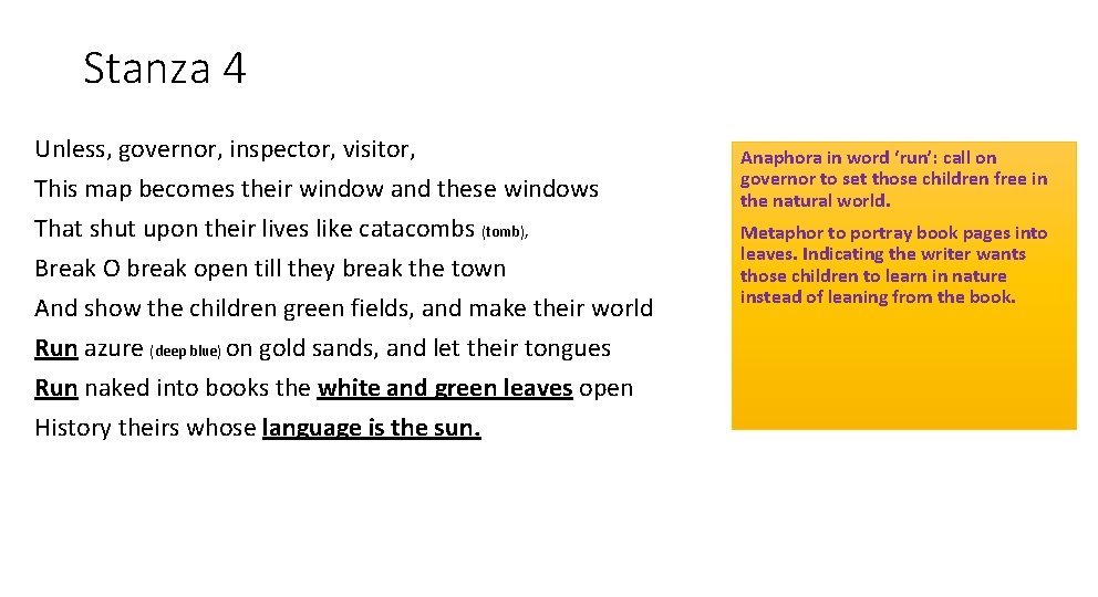 Stanza 4 Unless, governor, inspector, visitor, This map becomes their window and these windows