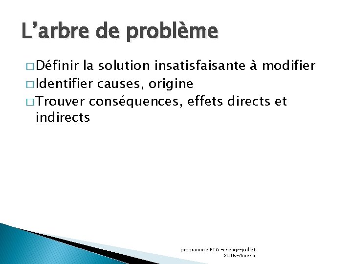 L’arbre de problème � Définir la solution insatisfaisante à modifier � Identifier causes, origine