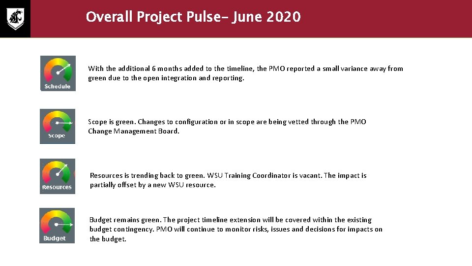 Overall Project Pulse- June 2020 With the additional 6 months added to the timeline,