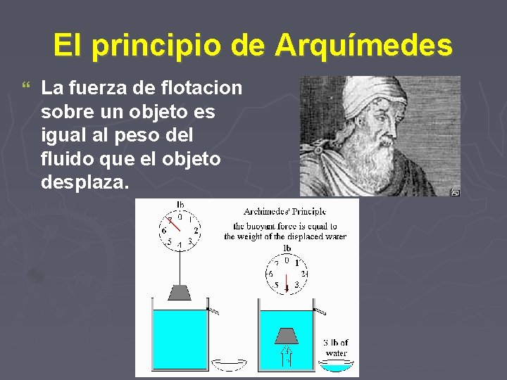 El principio de Arquímedes La fuerza de flotacion sobre un objeto es igual al