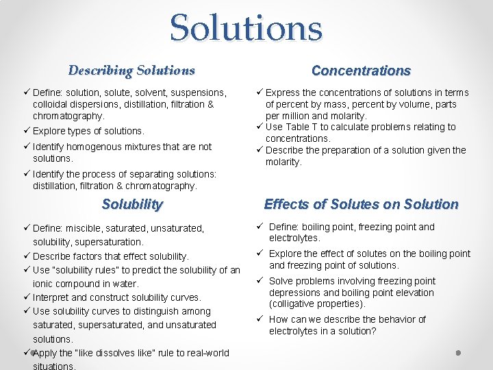Solutions Describing Solutions ü Define: solution, solute, solvent, suspensions, colloidal dispersions, distillation, filtration & Solutions Describing Solutions ü Define: solution, solute, solvent, suspensions, colloidal dispersions, distillation, filtration &