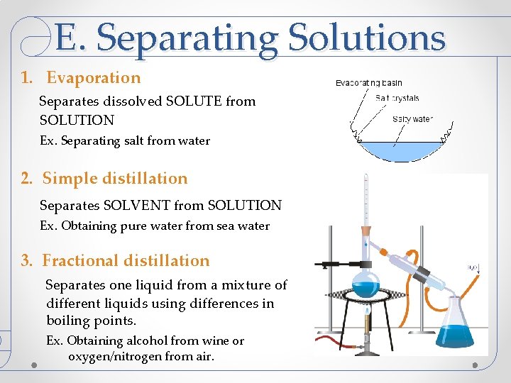 E. Separating Solutions 1. Evaporation Separates dissolved SOLUTE from SOLUTION Ex. Separating salt from E. Separating Solutions 1. Evaporation Separates dissolved SOLUTE from SOLUTION Ex. Separating salt from