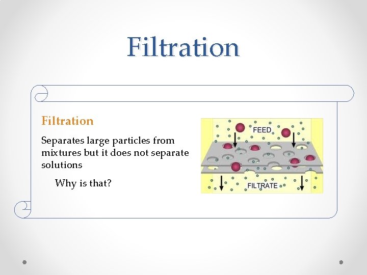 Filtration Separates large particles from mixtures but it does not separate solutions Why is Filtration Separates large particles from mixtures but it does not separate solutions Why is