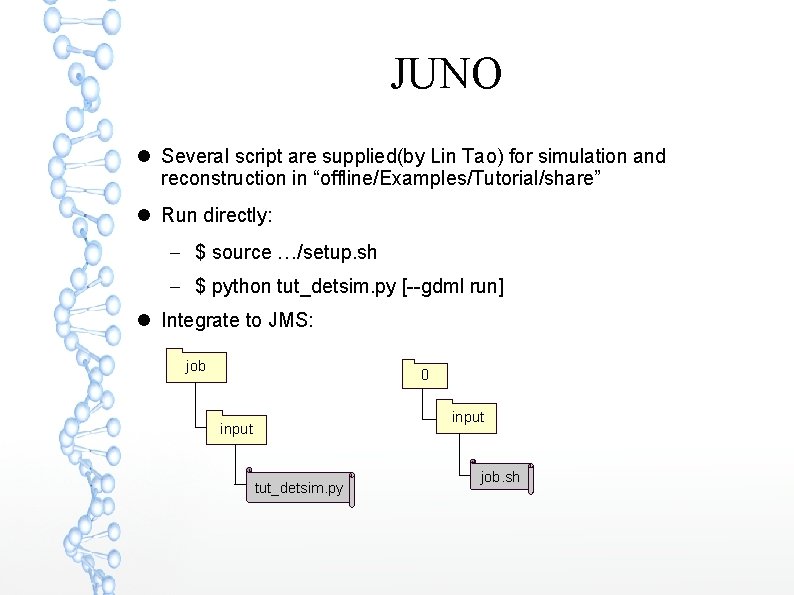 JUNO Several script are supplied(by Lin Tao) for simulation and reconstruction in “offline/Examples/Tutorial/share” Run
