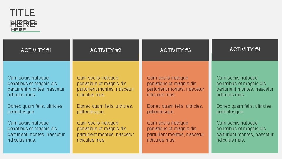 TITLE SUBTITLE HERE ACTIVITY #1 ACTIVITY #2 ACTIVITY #3 ACTIVITY #4 Cum sociis natoque TITLE SUBTITLE HERE ACTIVITY #1 ACTIVITY #2 ACTIVITY #3 ACTIVITY #4 Cum sociis natoque