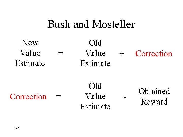 Bush and Mosteller New Value Estimate Correction 28 = Old Value Estimate + Correction