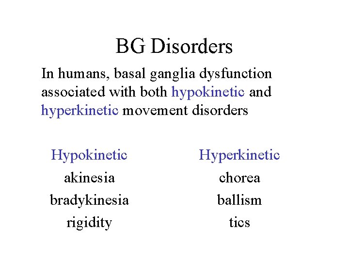BG Disorders In humans, basal ganglia dysfunction associated with both hypokinetic and hyperkinetic movement