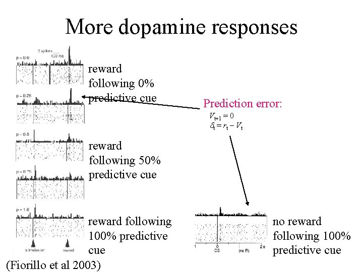 More dopamine responses reward following 0% predictive cue Prediction error: Vt+1 = 0 dt