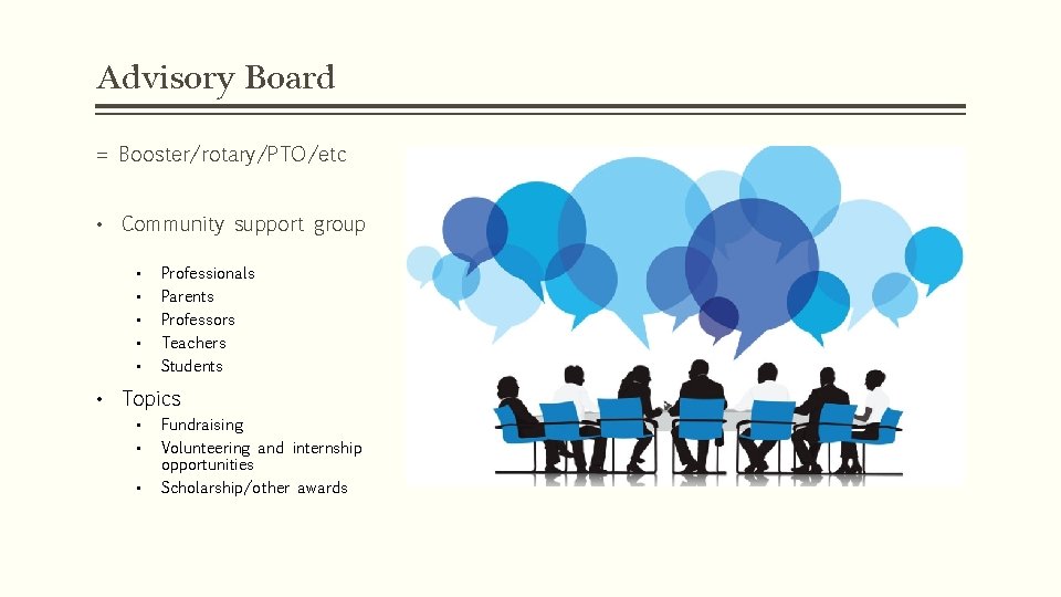 Advisory Board = Booster/rotary/PTO/etc • Community support group • • • Professionals Parents Professors