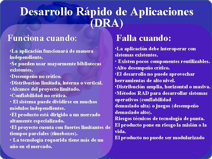 Desarrollo Rápido de Aplicaciones (DRA) Funciona cuando: • La aplicación funcionará de manera independiente.