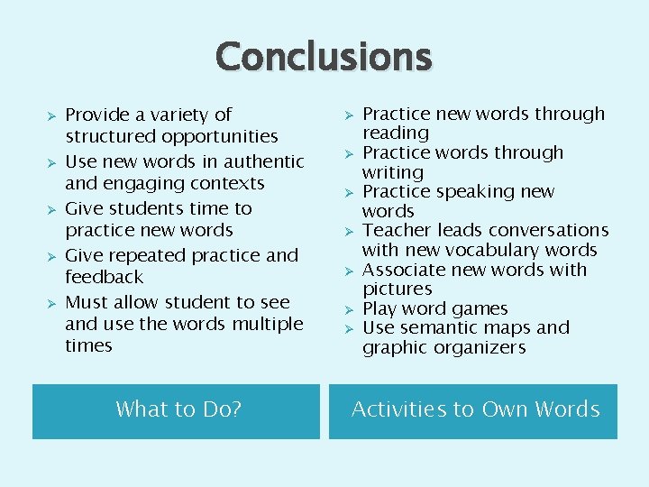 Conclusions Ø Ø Ø Provide a variety of structured opportunities Use new words in