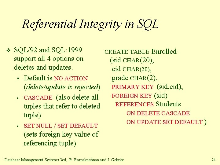 Referential Integrity in SQL v SQL/92 and SQL: 1999 CREATE TABLE Enrolled support all