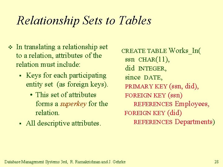 Relationship Sets to Tables v In translating a relationship set to a relation, attributes